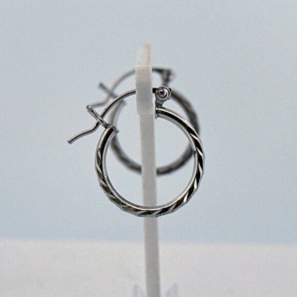 Estate Sterling Silver 925 Textured Hoop Earrings 0.82” Classic Vintage - Picture 2 of 8